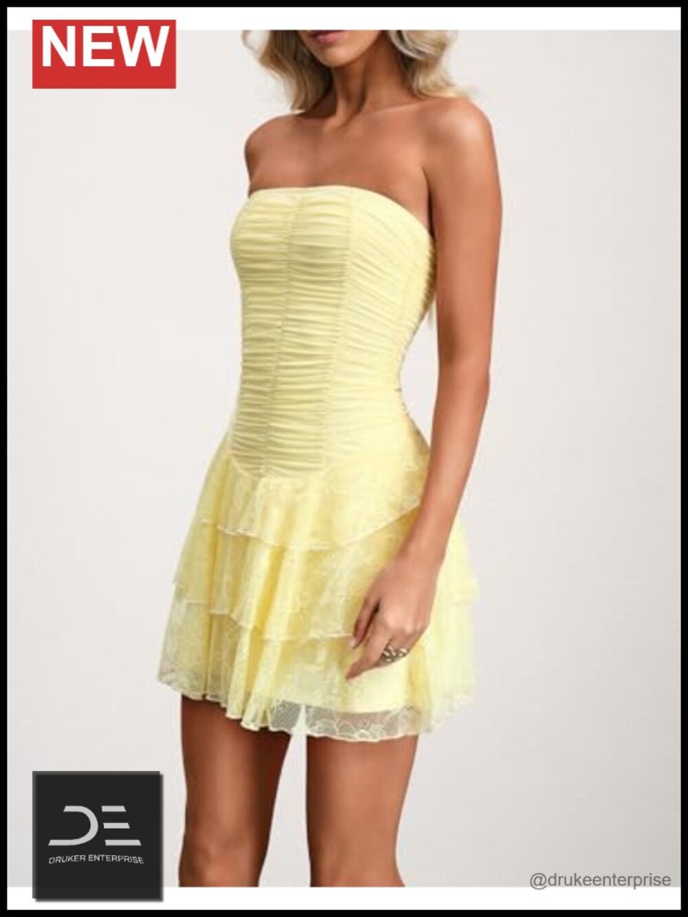 Women's Strapless Mesh Ruffle Layer Ruched Basque Waist Mini Dress - Picture 3 of 6